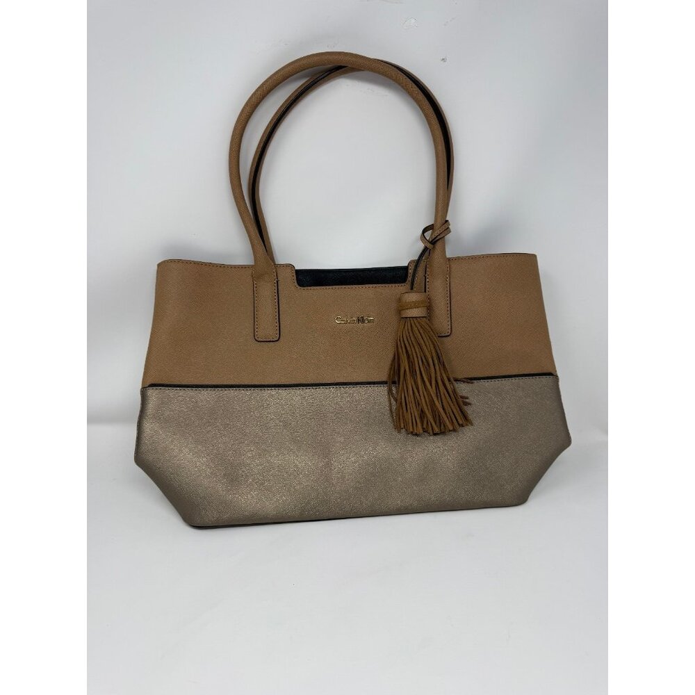 CALVIN KLEIN Leather Two Tone Brown Colorblock Tote Shoulder Bag 16"x10.5"